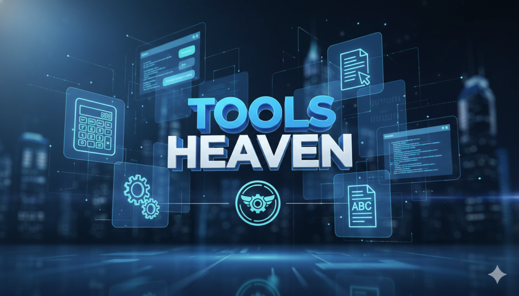 Futuristic banner with glowing blue 'TOOLS HEAVEN' text and floating tool icons against a dark cityscape.