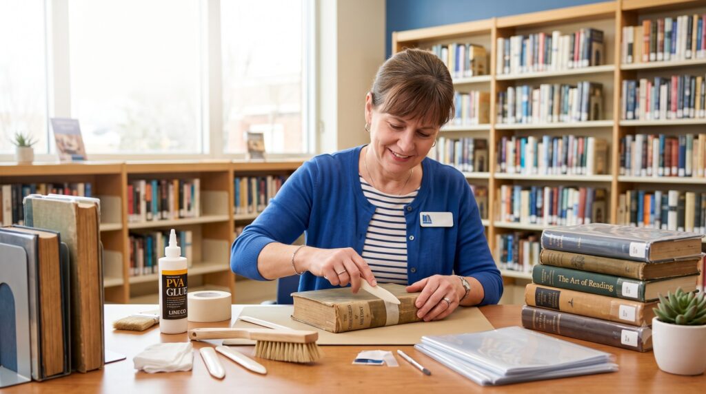 Woman in a blue cardigan restauring a book at a table in a library, applying glue to its spine with restoration tools nearby.
