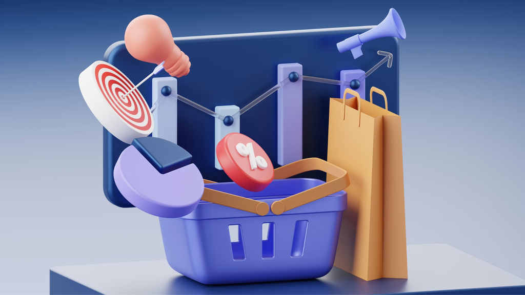 A shopping basket, paper bag, target, and chart icons on a blue background